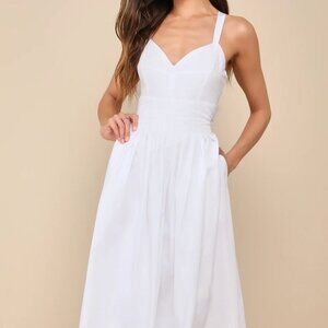 Strolling Sicily White Pleated Backless Midi Dress With Pockets